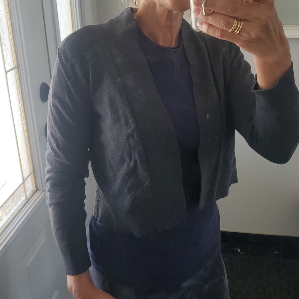 Calvin Klein Gray Silk Blend Cropped 3/4 Sleeve Open-Front Cardigan Sweater